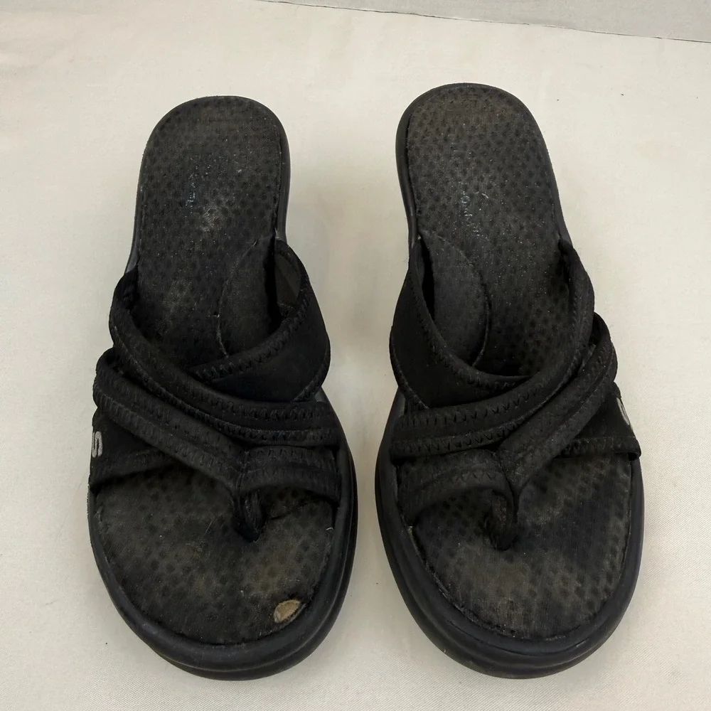 Y2K Vintage Skechers Cali Black Wedge Sandals Platform Thong Slides Size 6